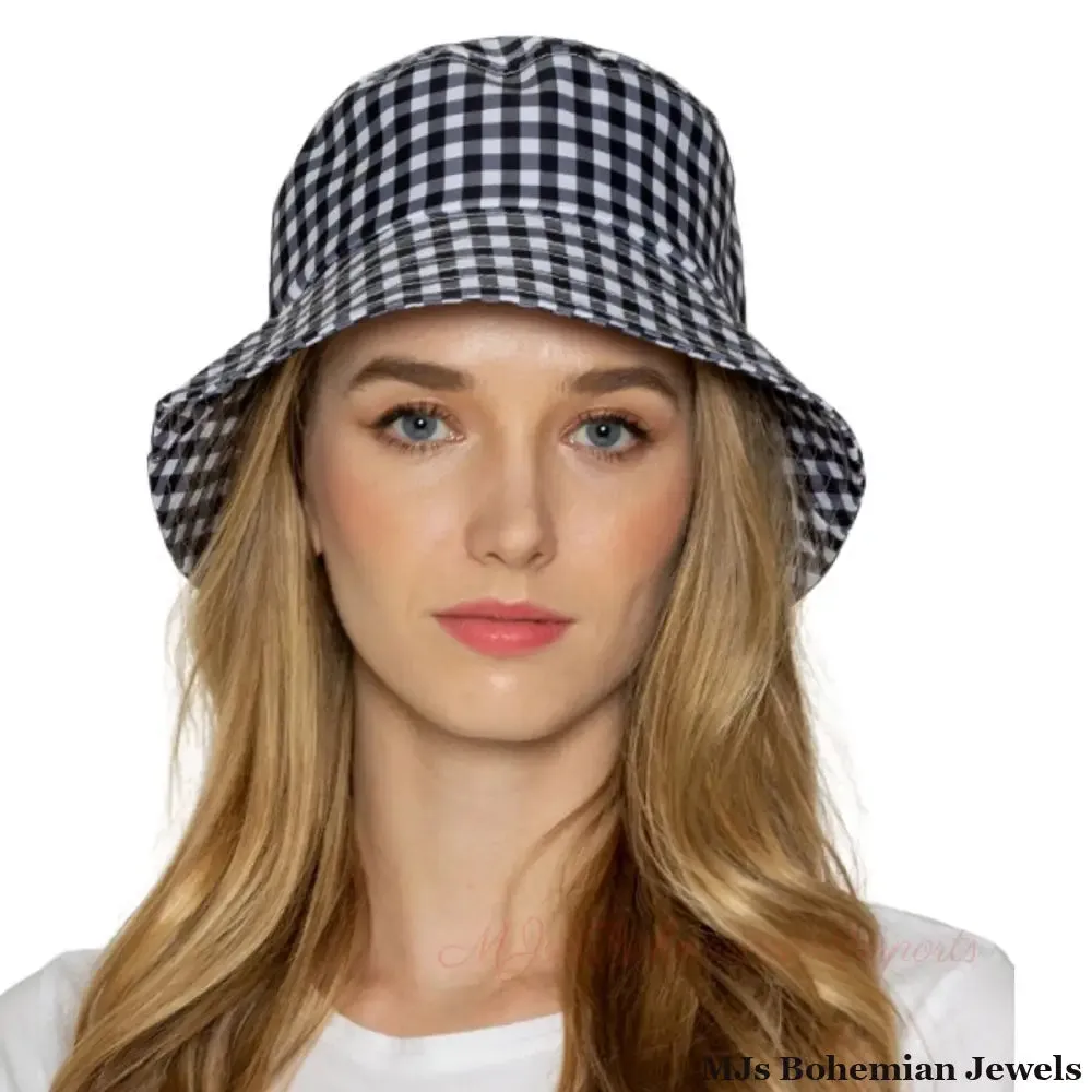 Black Gingham Draw String Bucket Hat