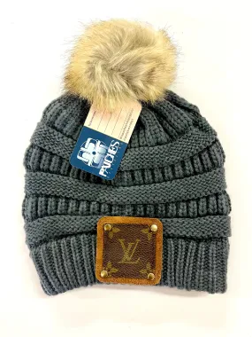 Blue/grey Beanie with brown patch antique hardware