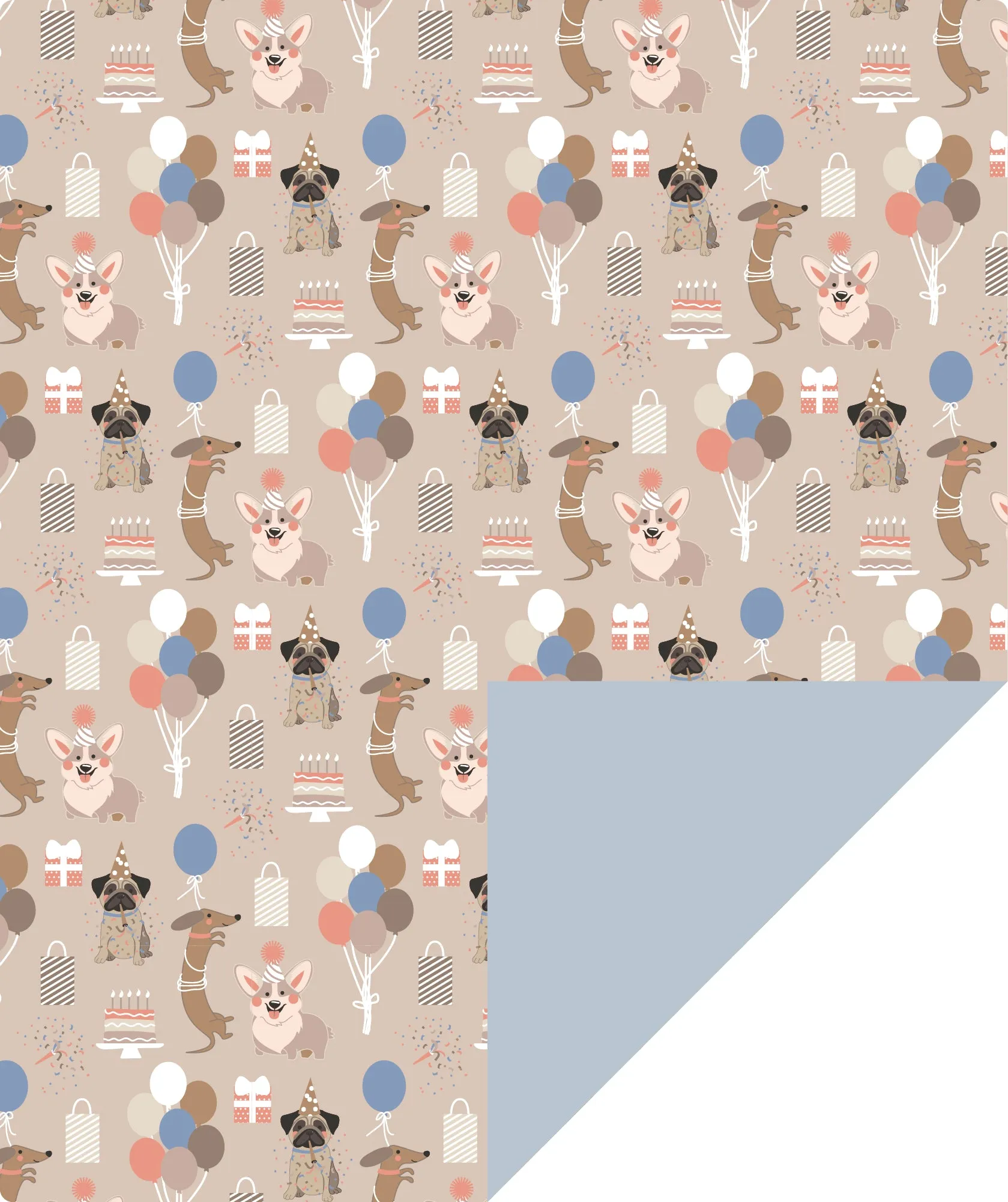 Cat & Dog Birthday Wrapping Paper with Light Blue Color on Reverse
