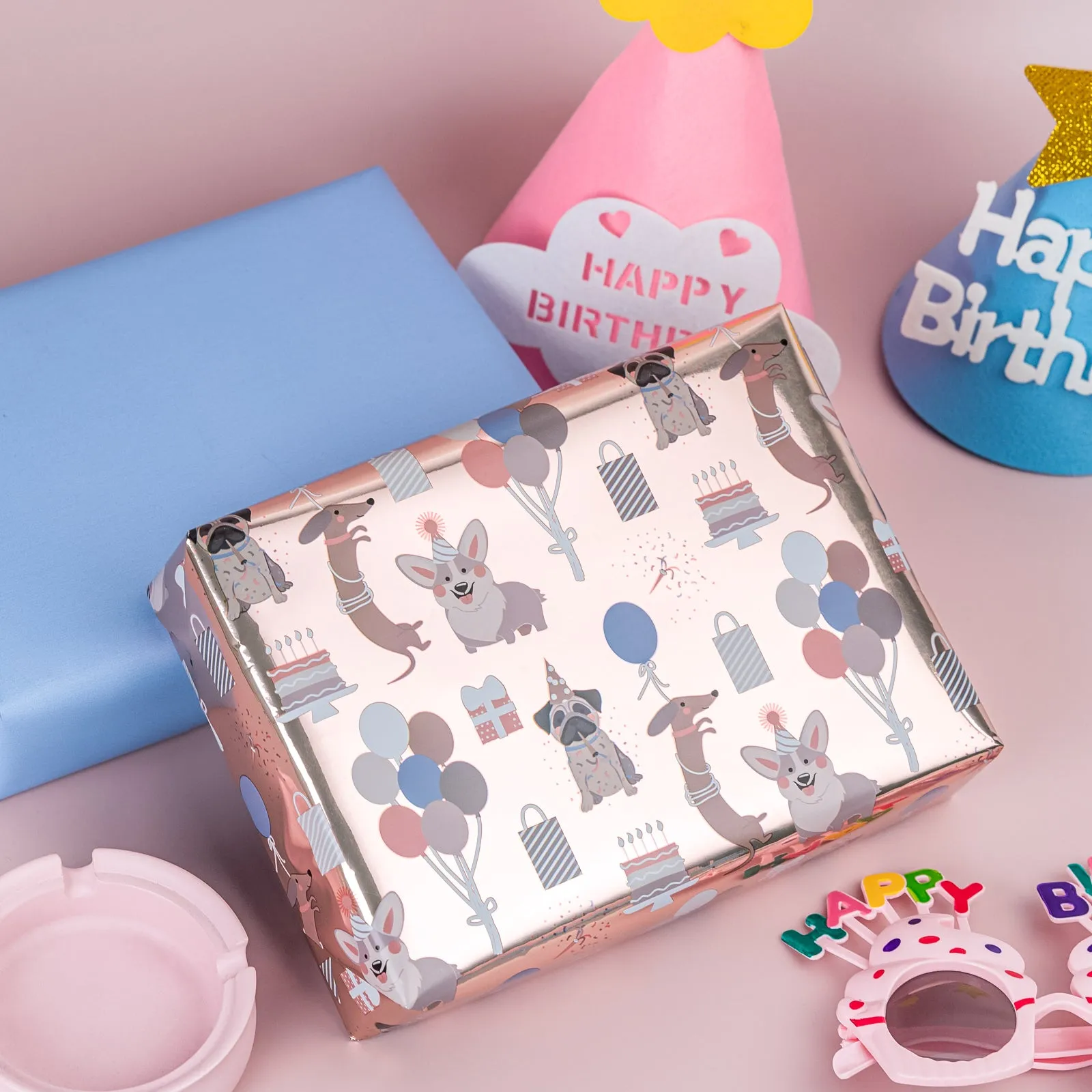 Cat & Dog Birthday Wrapping Paper with Light Blue Color on Reverse