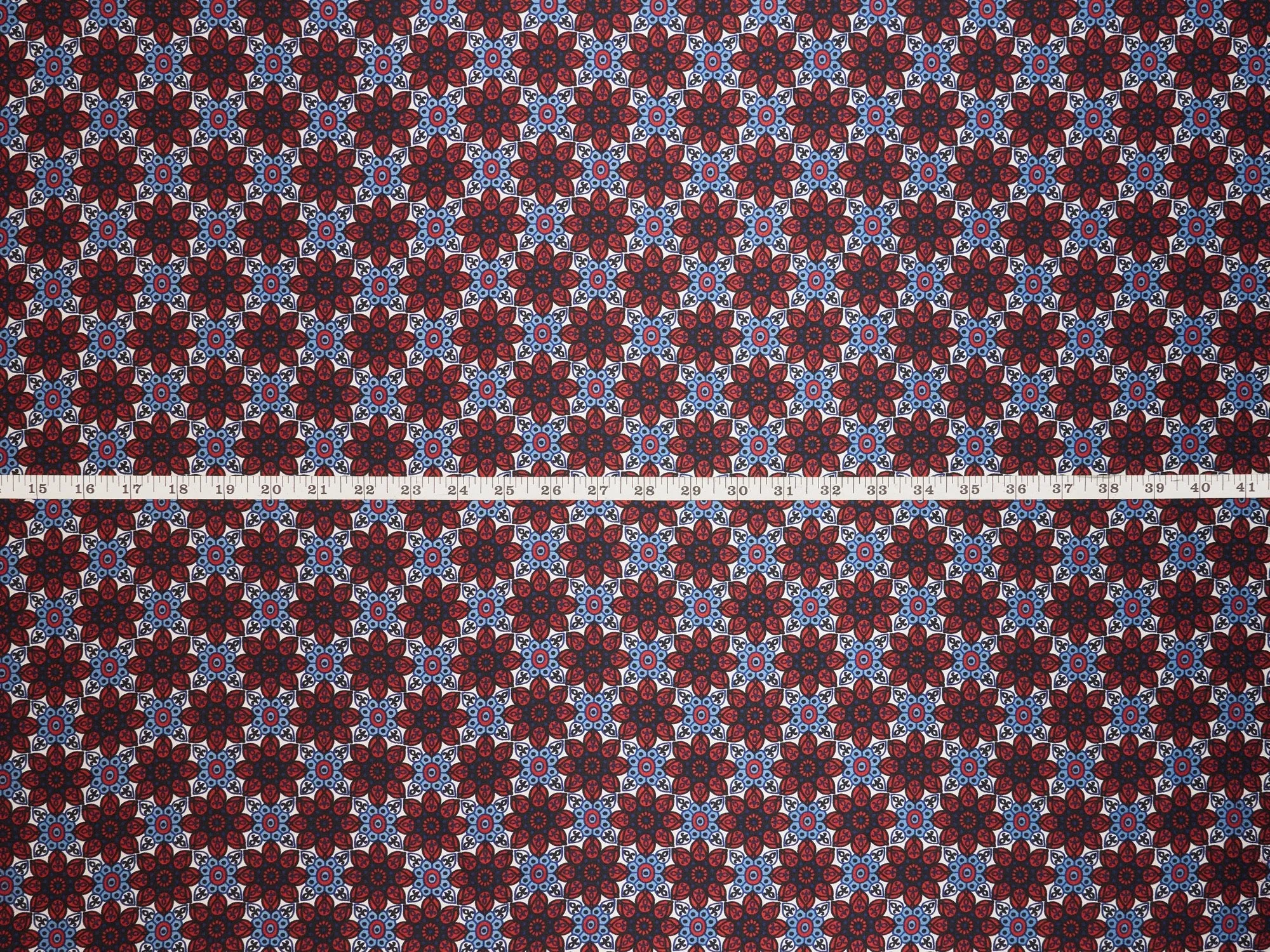 MonSar floral tile charmeuse satin fabric by the yard - Red navy off white