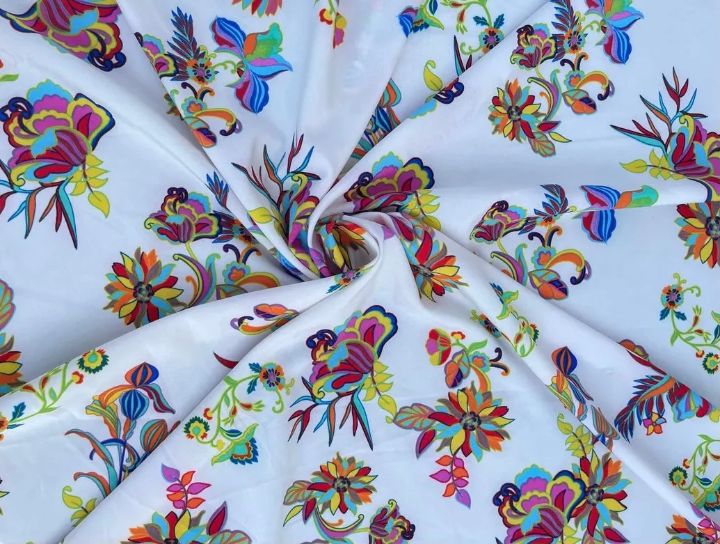 Peachskin  fabric by the yard - Ivory red  blue flowers