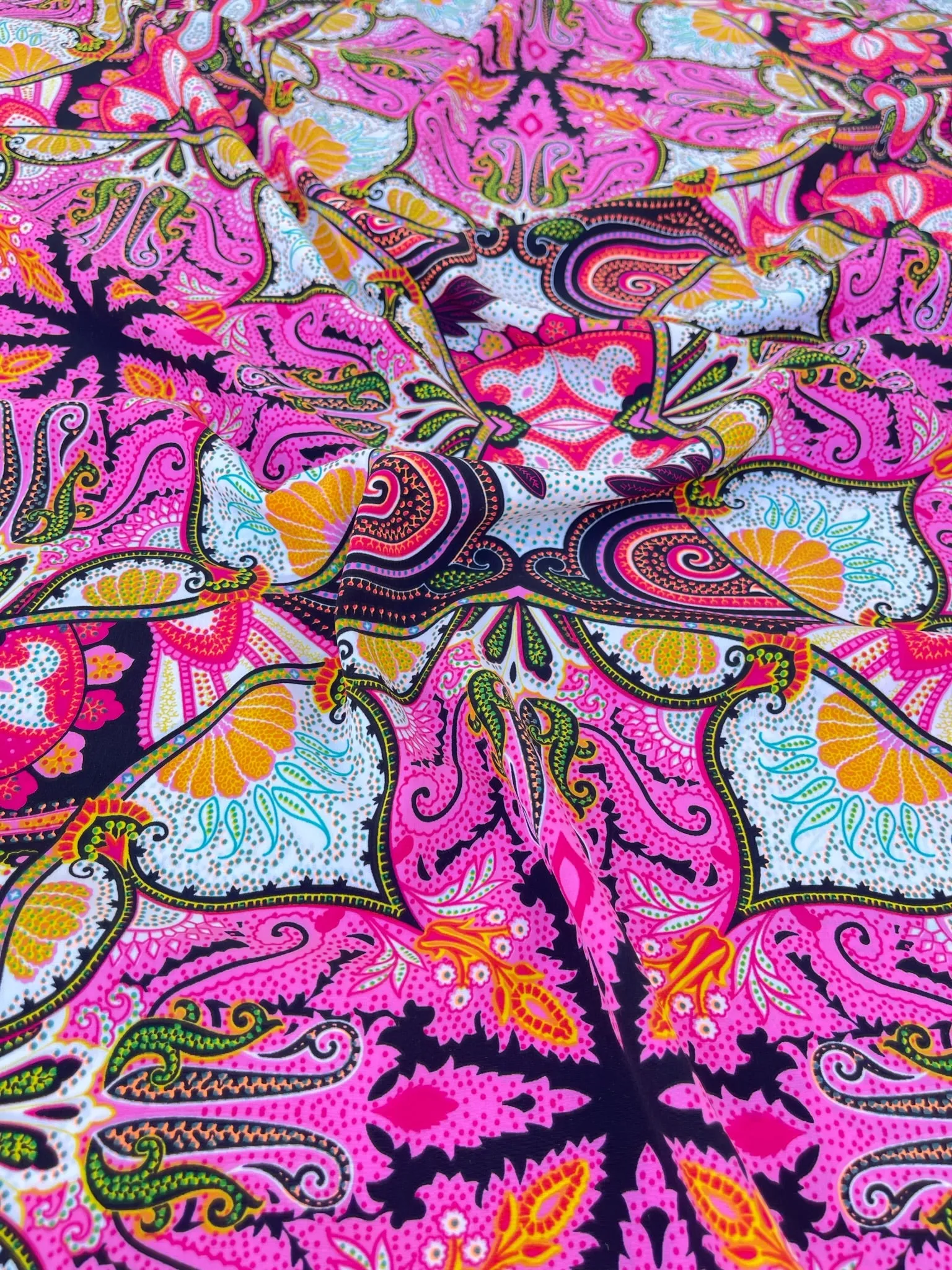 Peachskin  fabric by the yard - pink blue orange green and yellow floral paisley