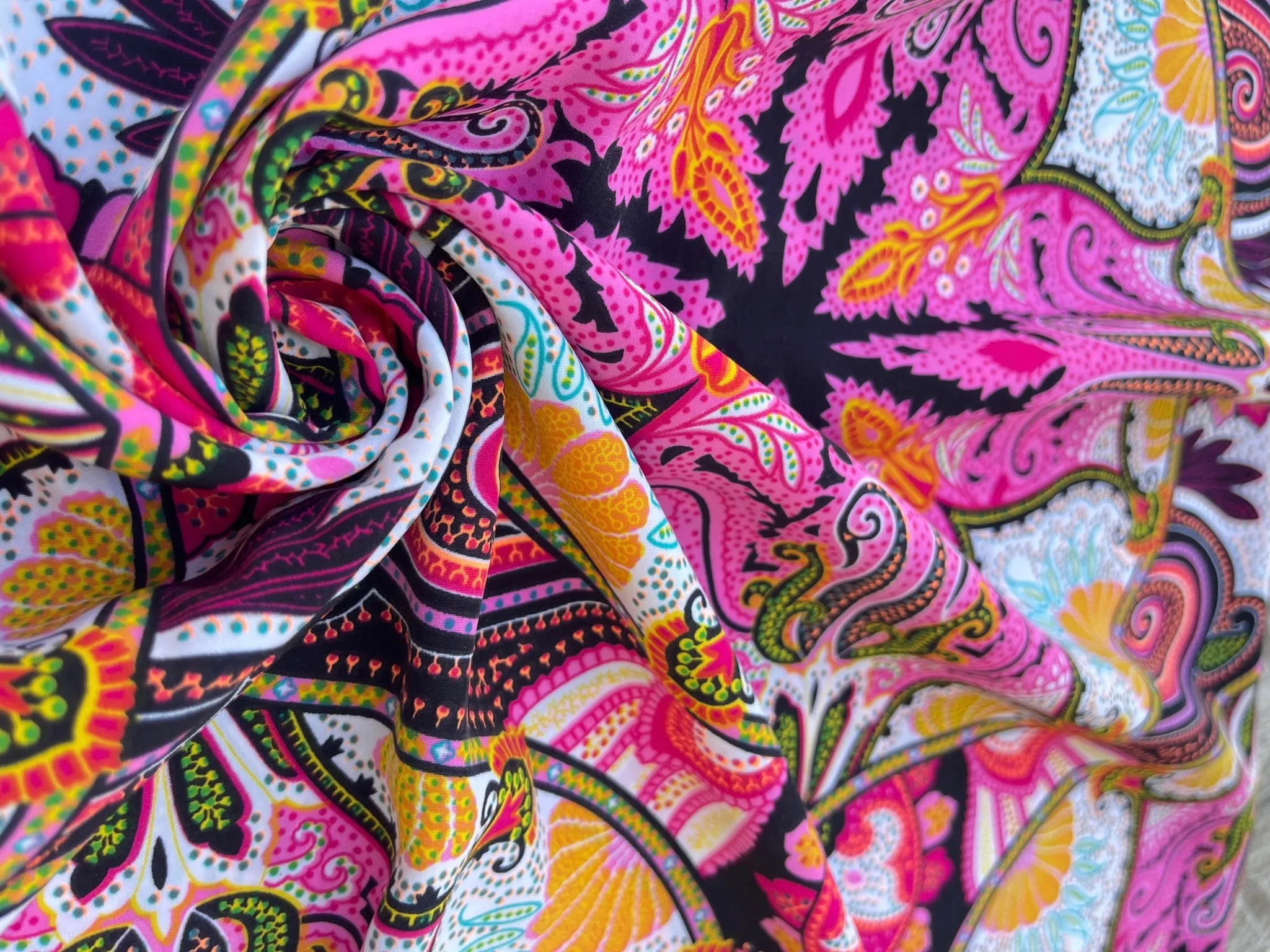 Peachskin  fabric by the yard - pink blue orange green and yellow floral paisley