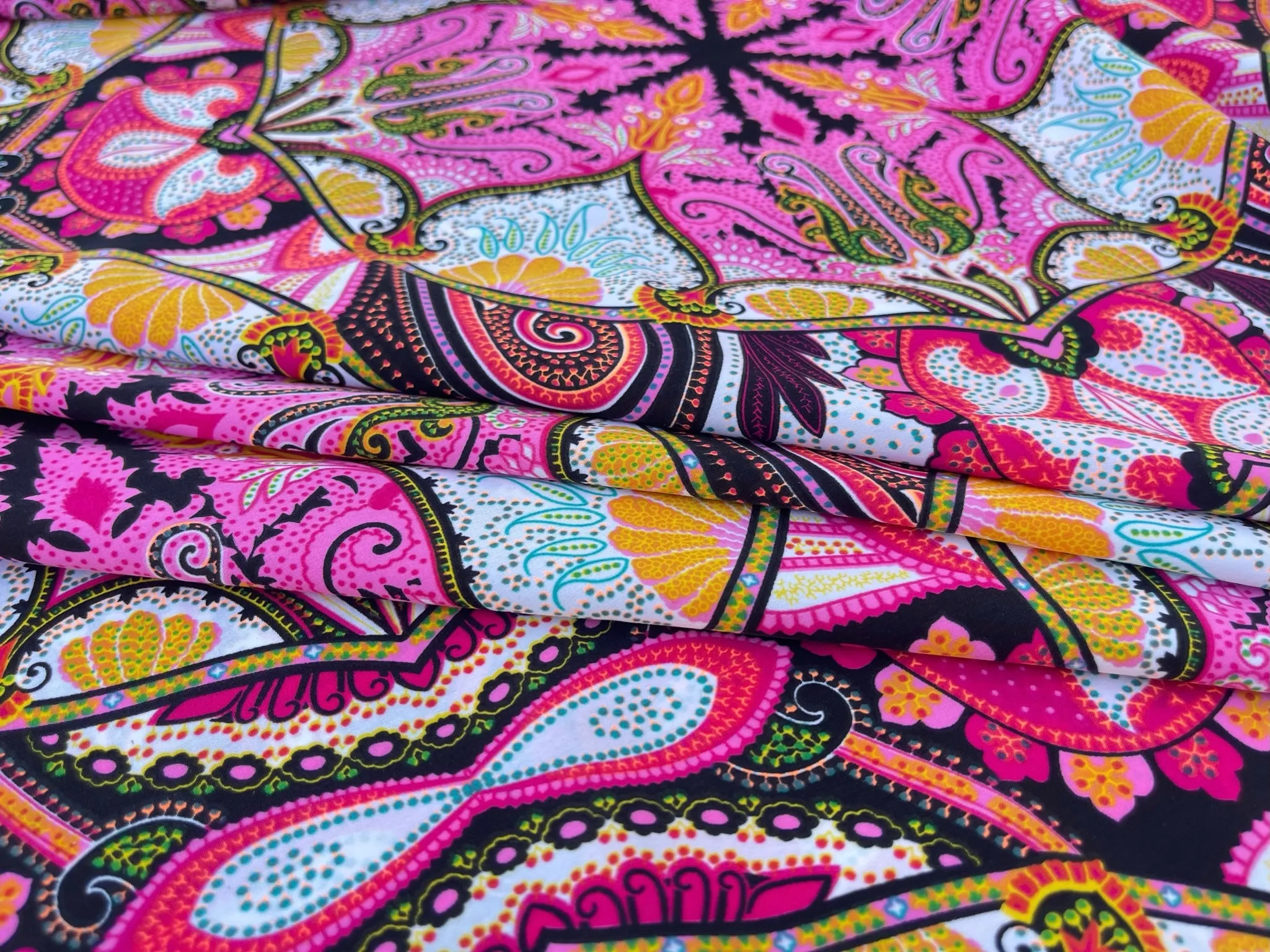 Peachskin  fabric by the yard - pink blue orange green and yellow floral paisley