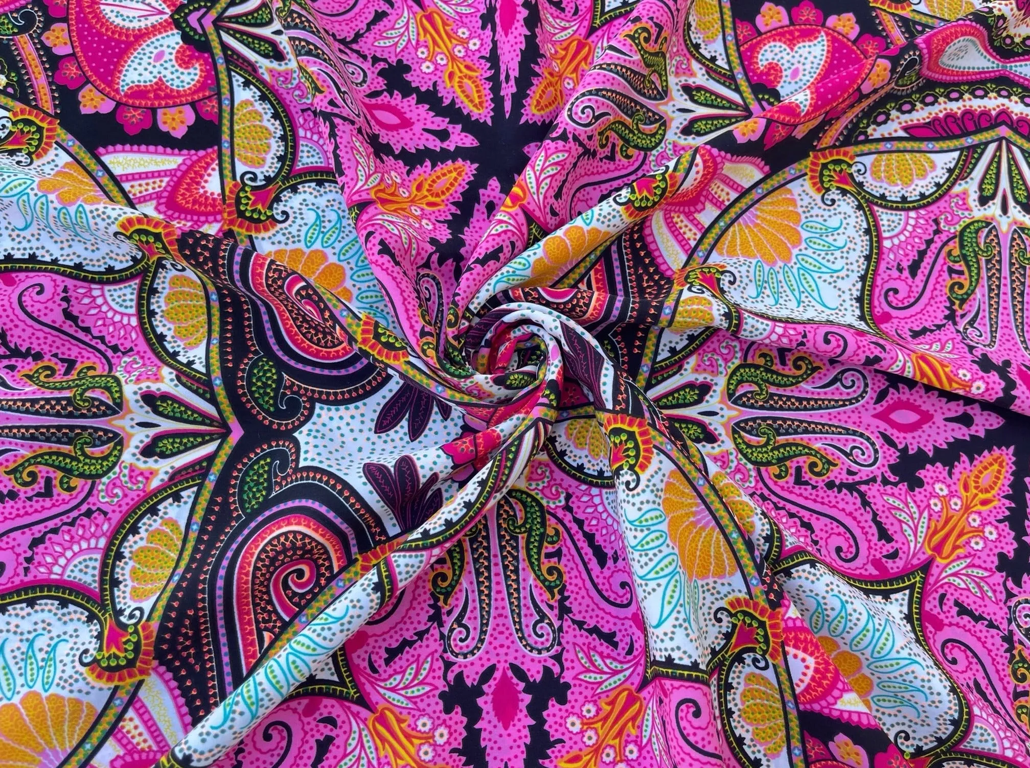 Peachskin  fabric by the yard - pink blue orange green and yellow floral paisley